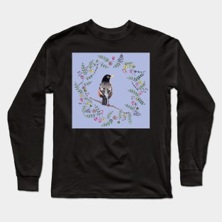 American Robin with Flower Wreath and lilac background Long Sleeve T-Shirt